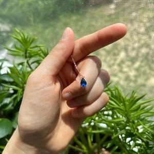 14K rose gold plated 925 sterling silver necklace with blue CZ droplet